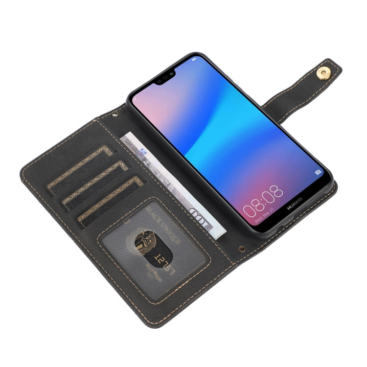 Black wallet flip case open to card slots, phone screen, and snap strap