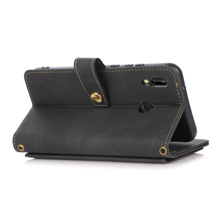 Black flip leather phone case with kickstand and lanyard strap, snap top
