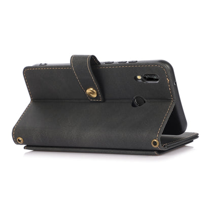 Black flip leather phone case with kickstand and lanyard strap, snap top