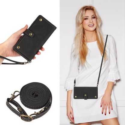 Black flip phone wallet case with lanyard strap, snap flap, and card slots