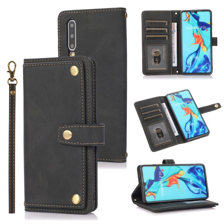 Dark gray horizontal flip leather case with card slots, wallet pocket, and wrist lanyard
