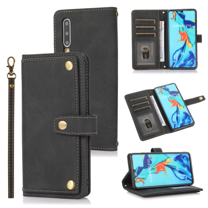 Dark gray horizontal flip leather case with card slots, wallet pocket, and wrist lanyard