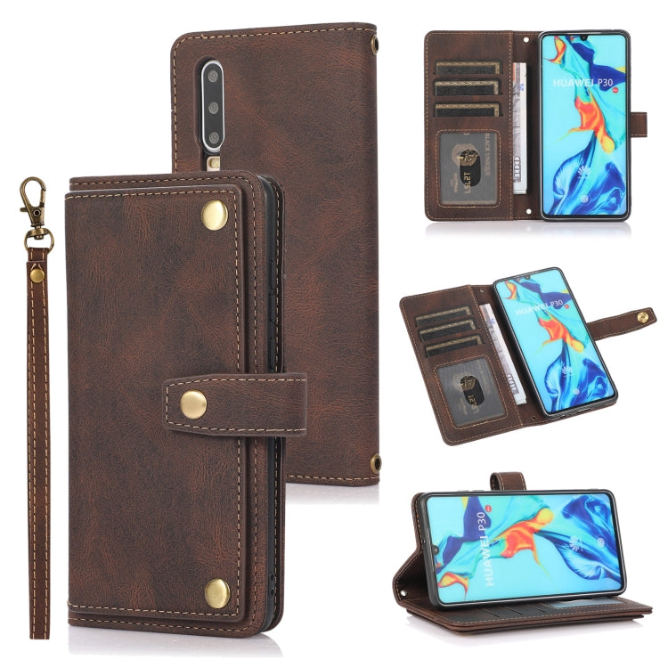 Brown horizontal flip leather case with card slots, wallet pocket, and wrist lanyard