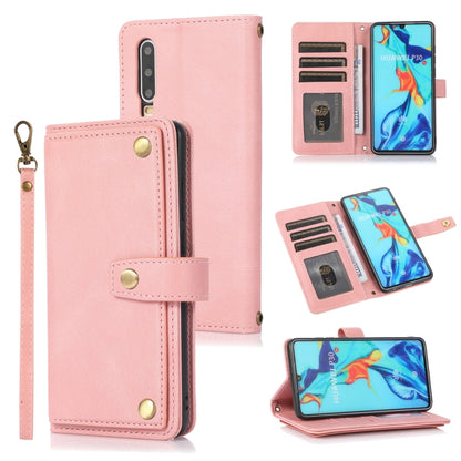 Pink horizontal flip leather case with card slots, wallet pocket, and wrist lanyard