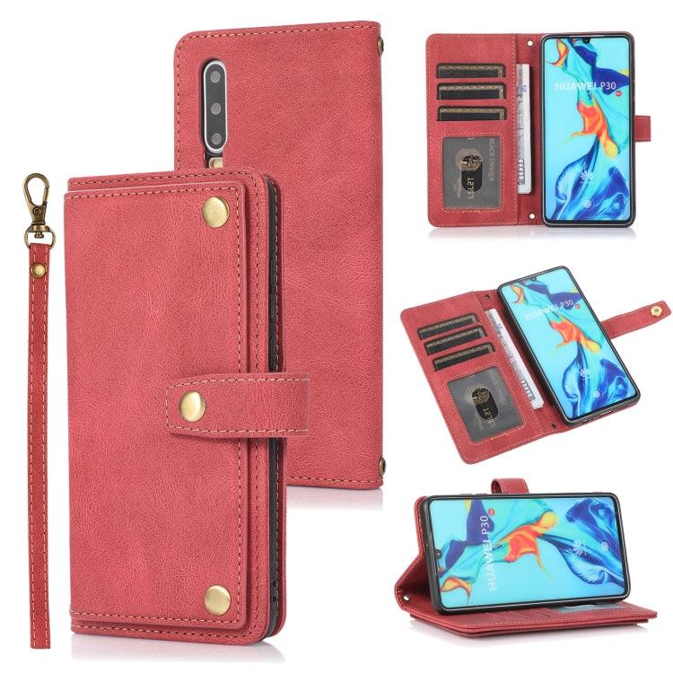 Wine red horizontal flip leather case with card slots, wallet pocket, and wrist lanyard