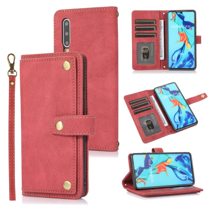 Wine red horizontal flip leather case with card slots, wallet pocket, and wrist lanyard