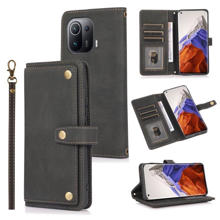 Dark gray horizontal flip leather case with card slots, wallet pocket, and wrist lanyard