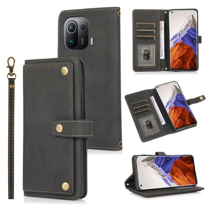 Dark gray horizontal flip leather case with card slots, wallet pocket, and wrist lanyard