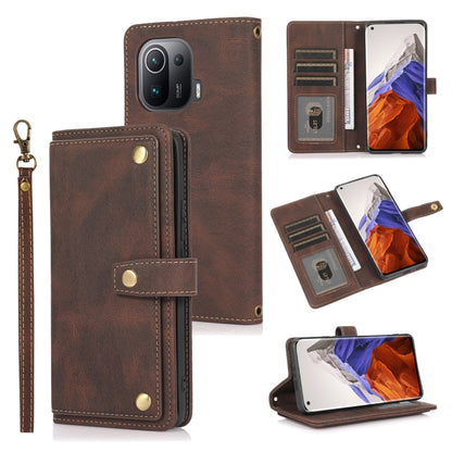 Brown horizontal flip leather case with card slots, wallet pocket, and wrist lanyard