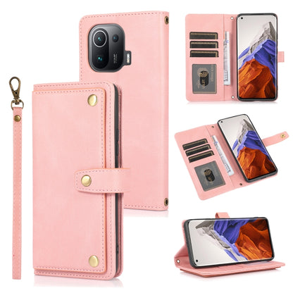 Light pink horizontal flip leather case with card slots, wallet pocket, and wrist lanyard