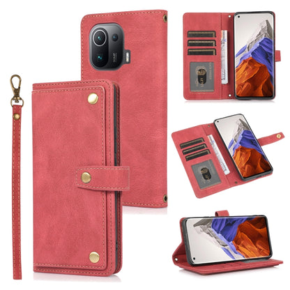 Red horizontal flip leather case with card slots, wallet pocket, and wrist lanyard