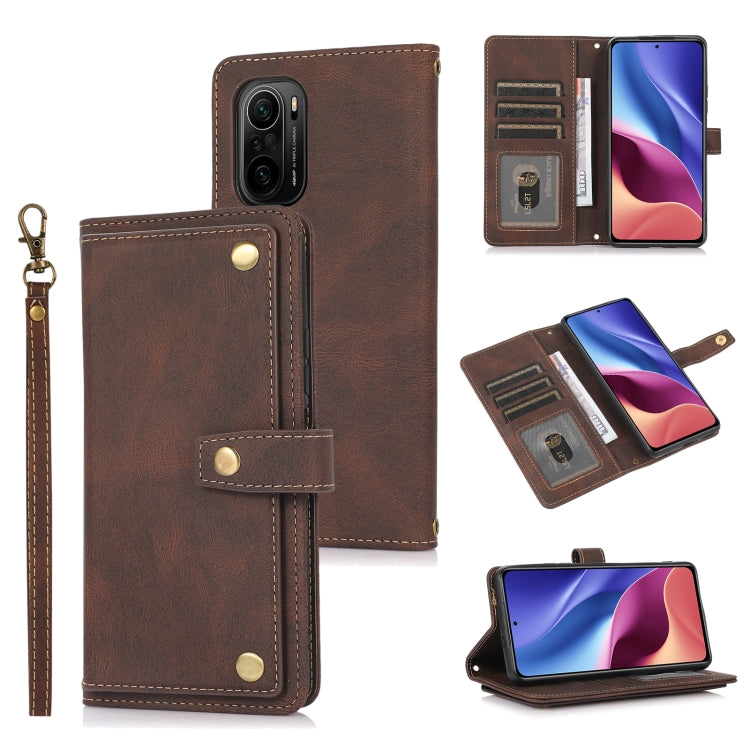 Brown horizontal flip leather phone wallet case with card slots and lanyard strap
