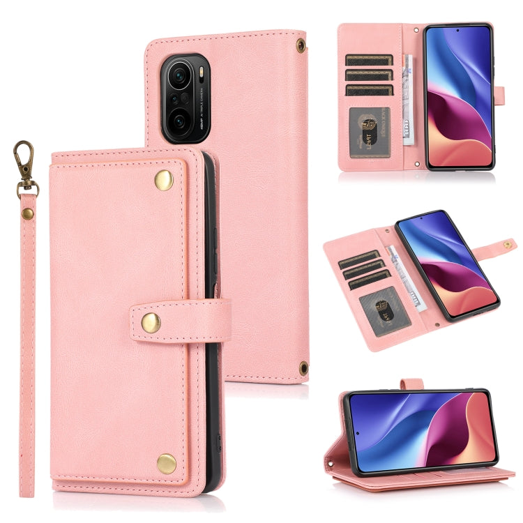 Pink horizontal flip leather phone wallet case with card slots and lanyard strap