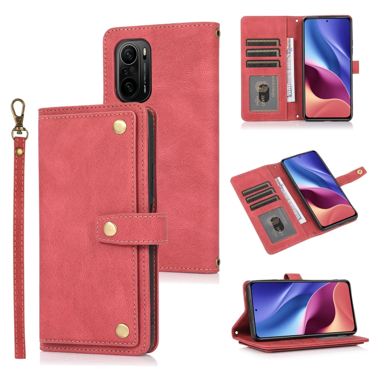 Red horizontal flip leather phone wallet case with card slots and lanyard strap