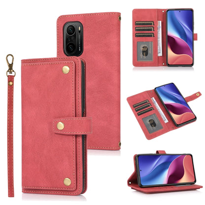 Red horizontal flip leather phone wallet case with card slots and lanyard strap