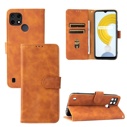 Brown PU leather flip phone wallet case with magnetic buckle, card slots, and stand