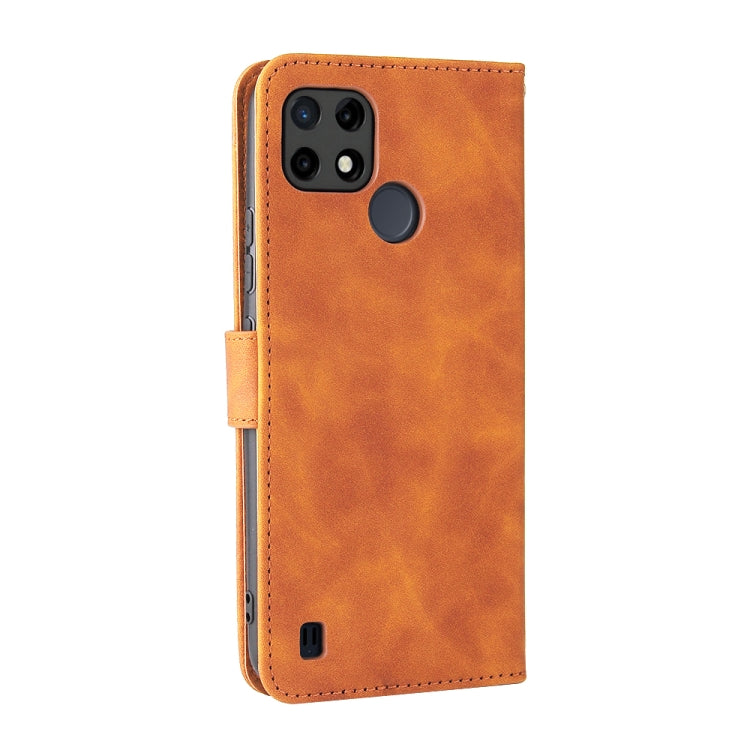 Brown PU leather phone case with cutouts for camera and ports, flip wallet design