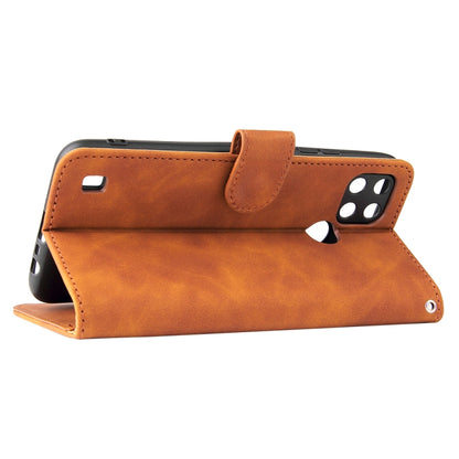 Brown PU leather flip wallet phone case with magnetic strap and viewing stand