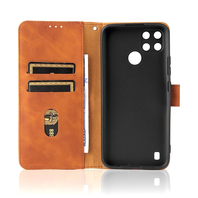 Brown PU leather flip wallet phone case opened to reveal phone back and card slots