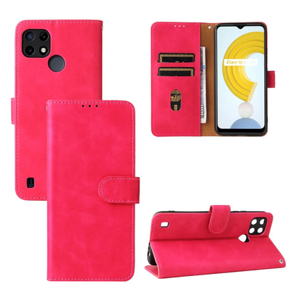 Red PU leather flip phone wallet case with magnetic buckle, card slots, and stand