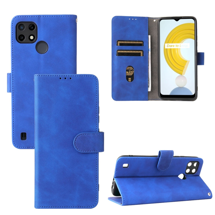 Blue PU leather flip phone wallet case with magnetic buckle, card slots, and stand
