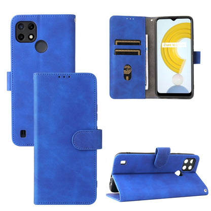Blue PU leather flip phone wallet case with magnetic buckle, card slots, and stand