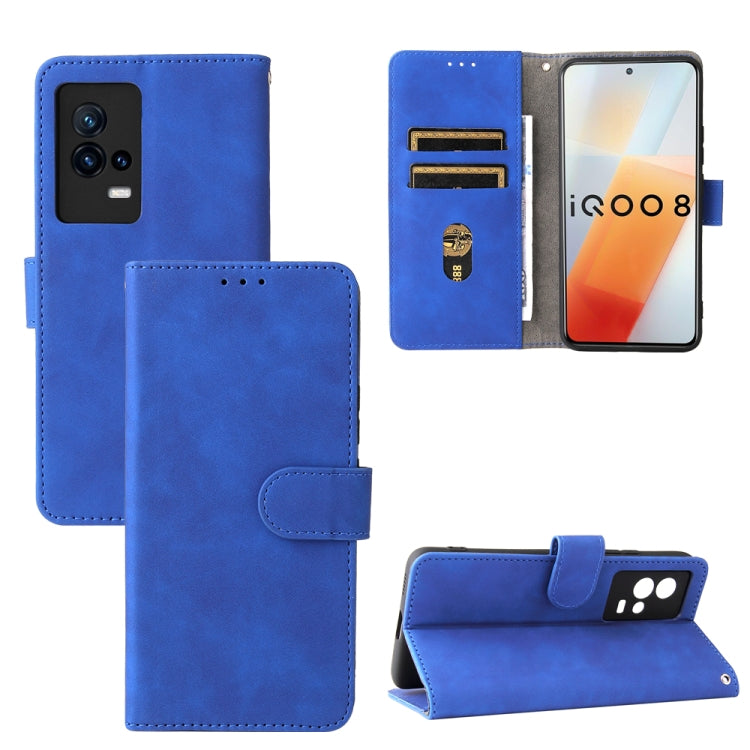 Blue PU leather flip case with magnetic clasp, card slots, and wallet stand