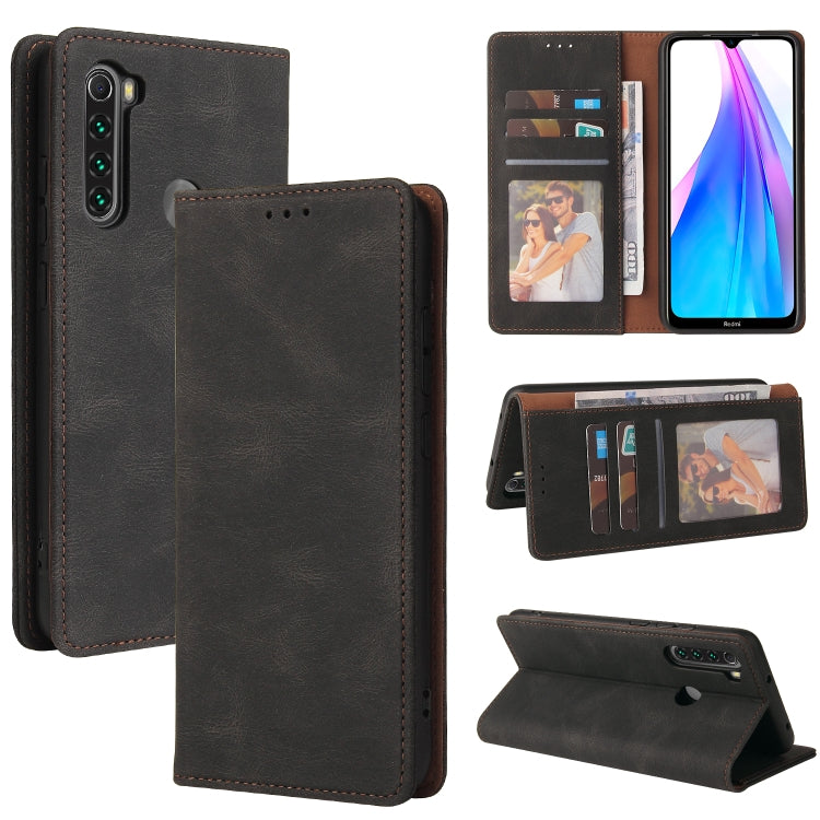 Dark brown leather wallet phone case with suction closure, card slots, and stand
