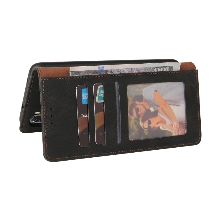 Dark brown leather wallet phone case with multiple card pockets and photo window