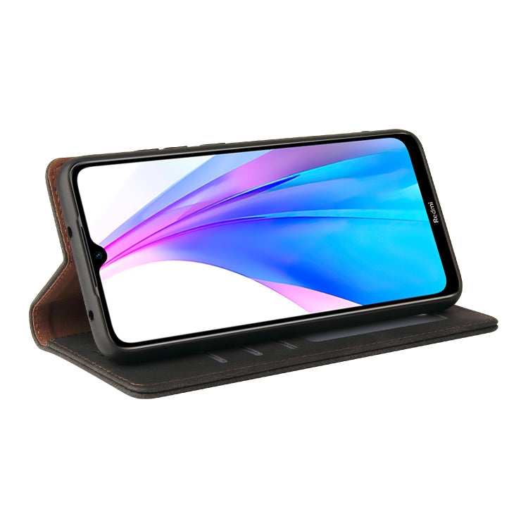 Dark brown leather flip case propped up as a hands-free phone stand