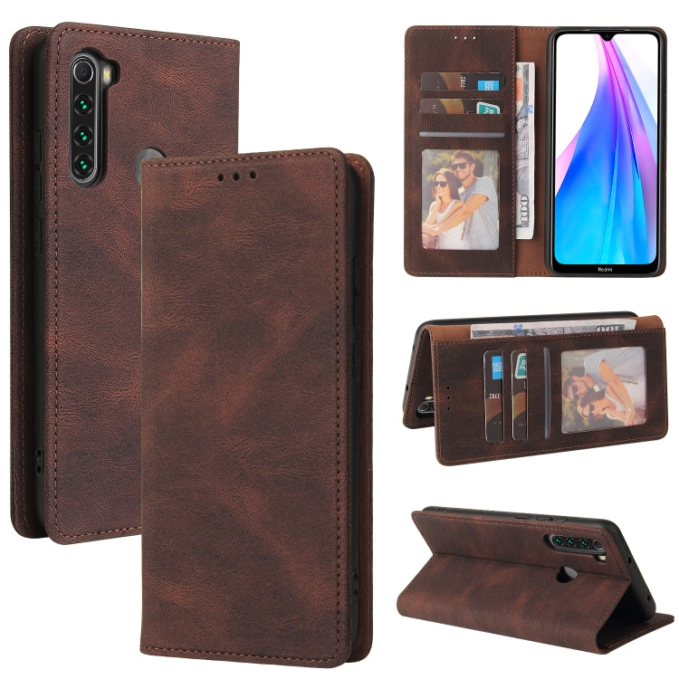 Brown leather wallet phone case with suction closure, card slots, and stand