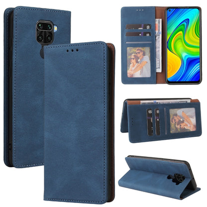 Blue leather flip phone wallet case with card slots, inner pockets, and stand