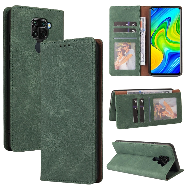 Green leather flip phone wallet case with card slots, inner pockets, and stand