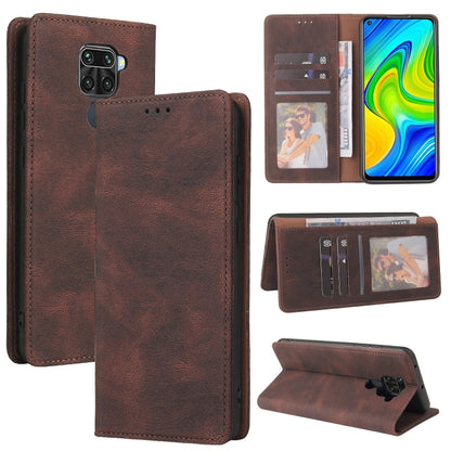 Brown leather flip phone wallet case with card slots, inner pockets, and stand