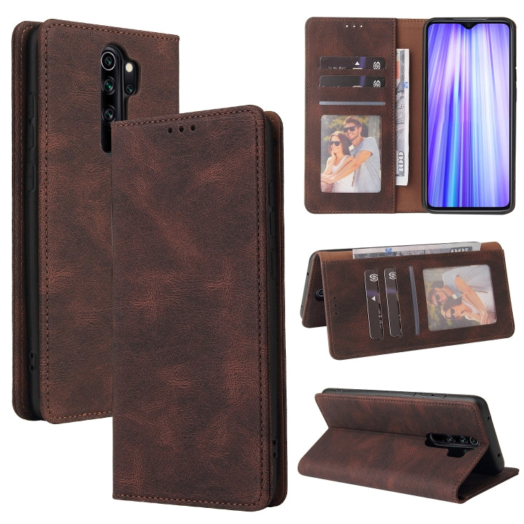 Brown leather wallet phone case with card slots and kickstand, flip cover closure