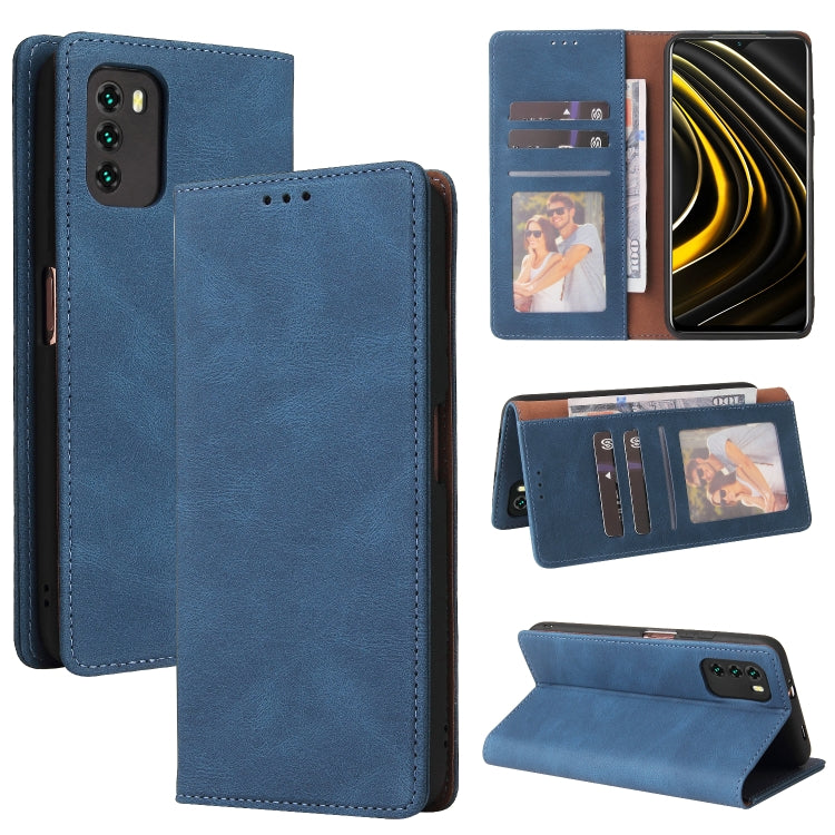 Blue leather wallet phone case with card slots and kickstand, flip cover closure