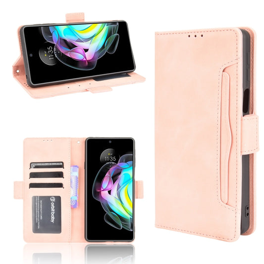 Pink leather flip phone case with card slots and stand, shown with phone front and back