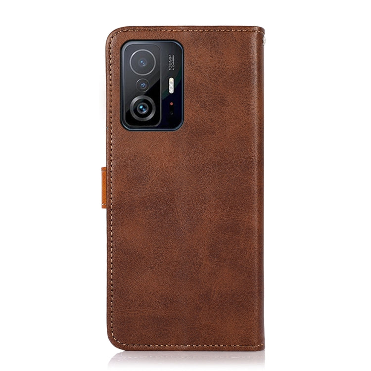 Brown cowhide-texture flip phone wallet case with camera cutout and stitched edges