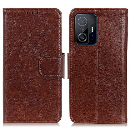 Brown leather flip phone case with card holder and cutouts, back view