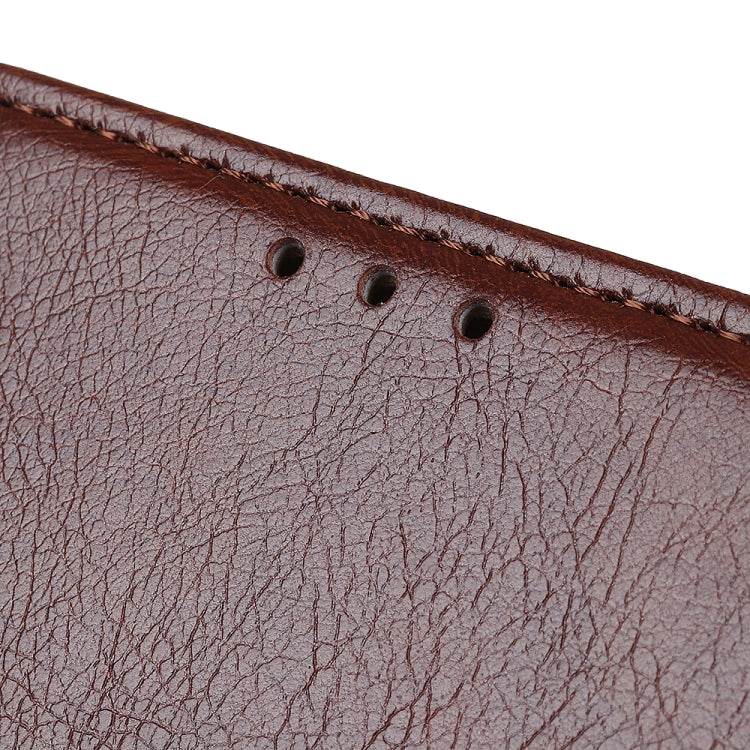 Brown textured leather case edge with stitching and small perforation holes
