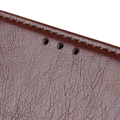 Brown textured leather case edge with stitching and small perforation holes