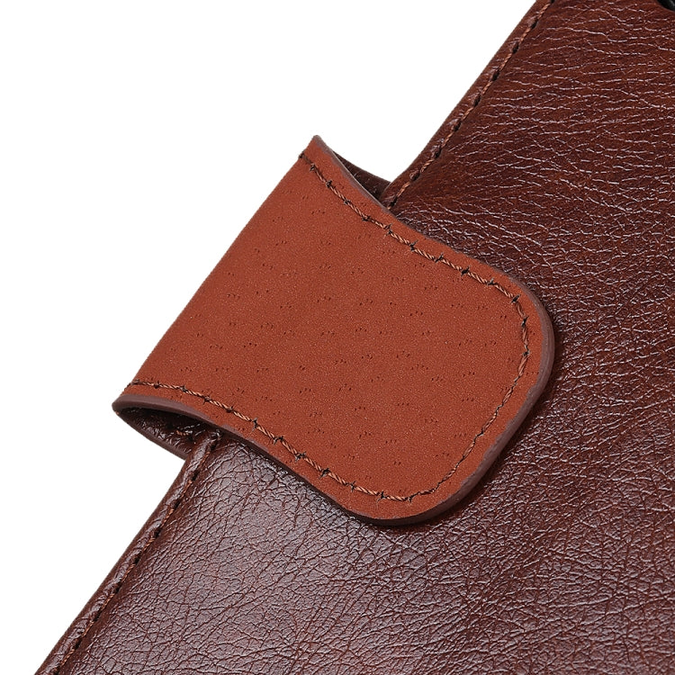 Brown leather flip case clasp area with stitched flap detail