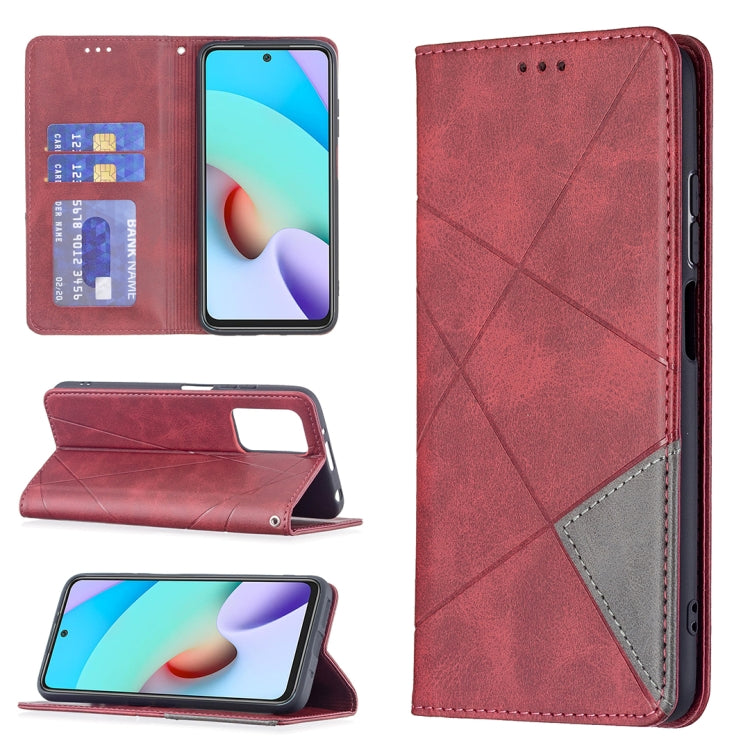 Red rhombus-texture flip magnetic leather phone case with card slots and holder
