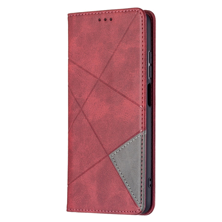 Red rhombus-texture flip magnetic leather phone case with reinforced edge and pocket