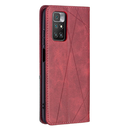 Red rhombus-texture magnetic leather flip phone case, slim profile with camera cutout