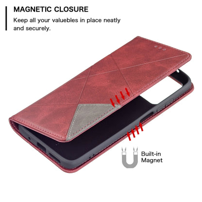Red rhombus-texture flip magnetic leather case with secure magnetic closure