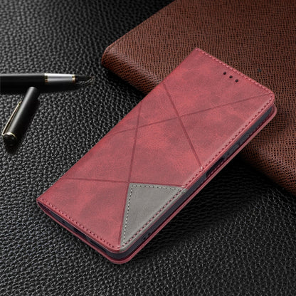 Red rhombus-texture magnetic leather flip phone case with large front cover