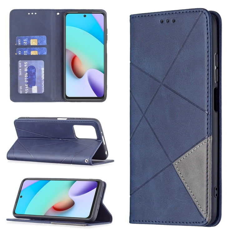 Blue folio leather phone case with rhombus texture, card slots, and kickstand