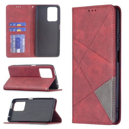 Red flip magnetic leather phone case with card slots and side cutouts