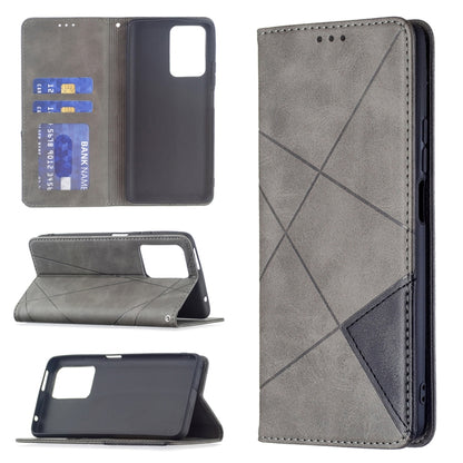 Grey rhombus-texture flip magnetic leather phone case with card slots and kickstand